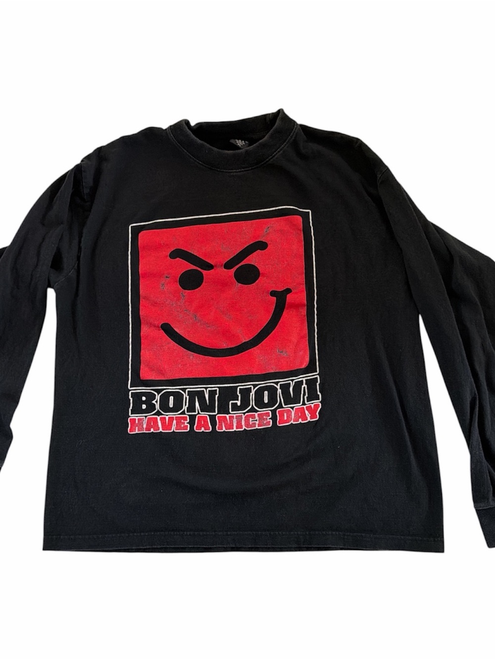 Black Long-Sleeve Bon Jovi Graphic Tee with Red Smiley Square Have A Nice Day
